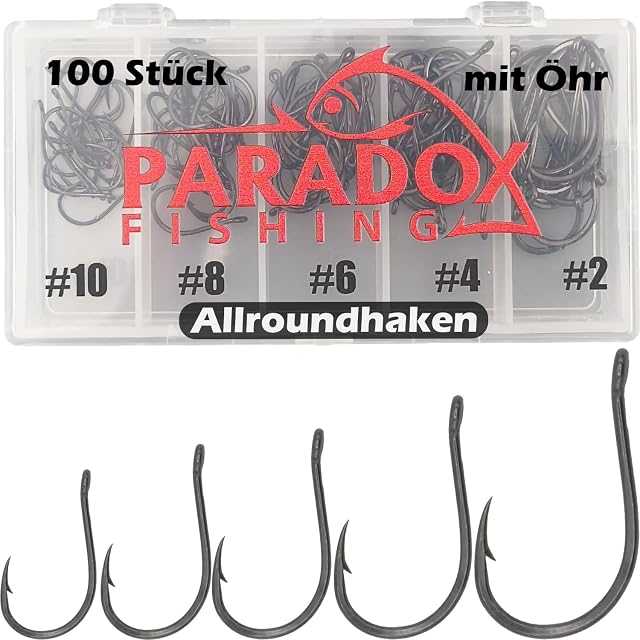 Paradox Fishing 100-teiliges Ösenhaken-Set in fünf Größen