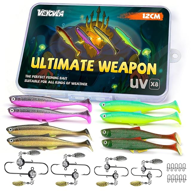 VEYCVLA 12-cm-Gummifisch-Set mit Spinnerblatt-Jigköpfen und Box